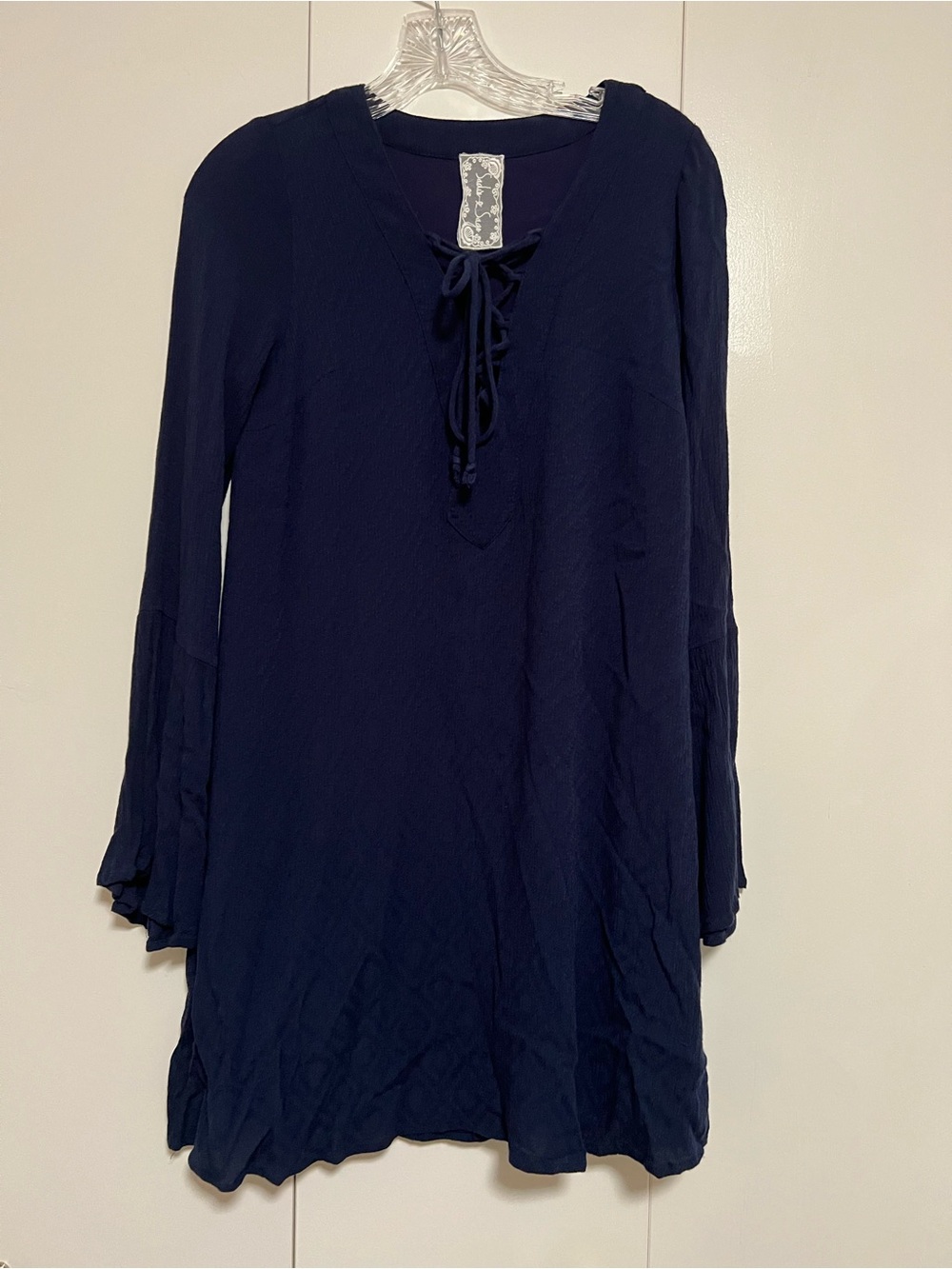Sadie & Sage Navy Tie-Neck Long Bell Sleeve Rayon Gauze Tunic Dress